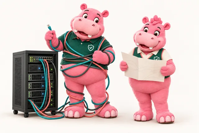 Hank and Hattie, our hippo guides, beside a server and a map