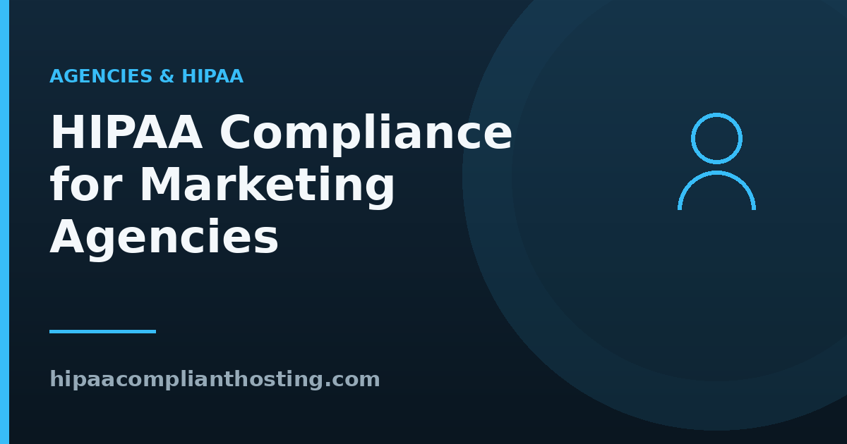 HIPAA compliance for marketing agencies title graphic with a person badge icon on a dark blue background.