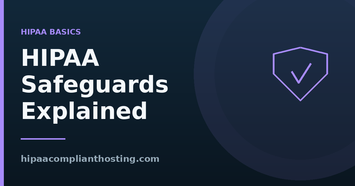 HIPAA safeguards explained title graphic with a shield icon for administrative, physical, and technical safeguards.