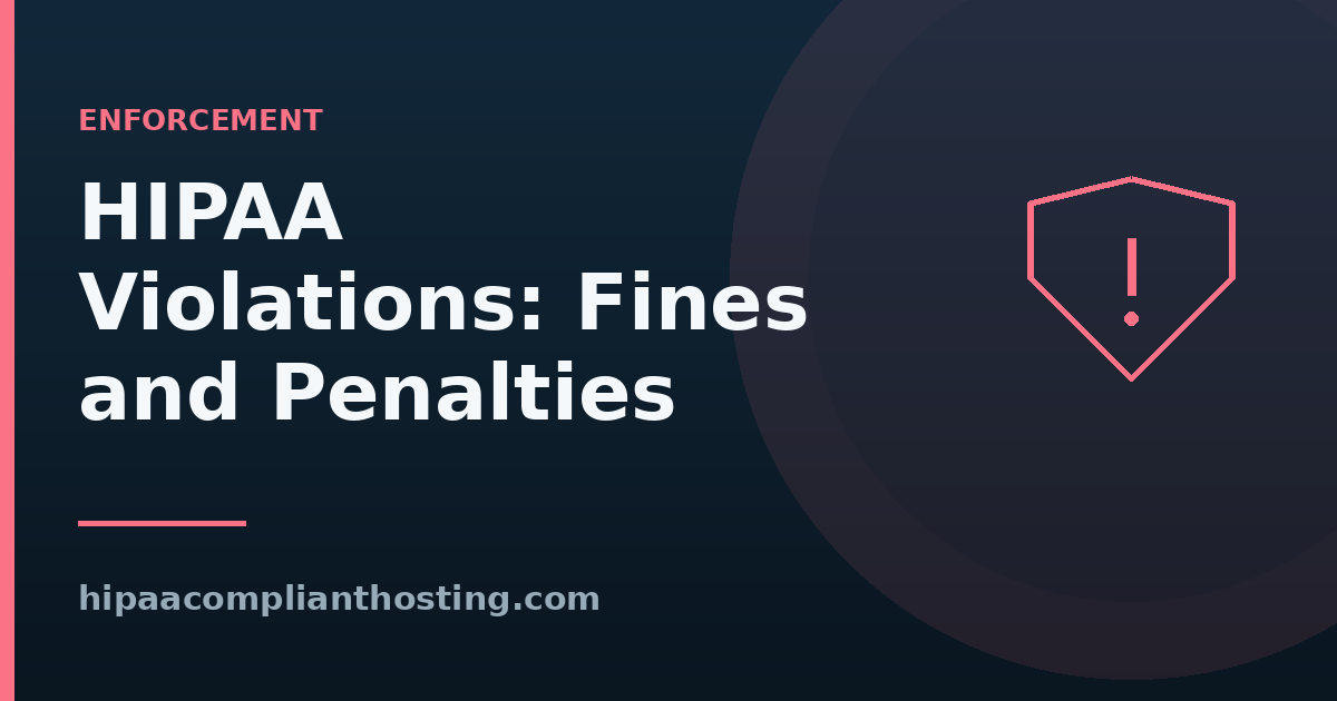 HIPAA violations fines and penalties title graphic with an alert shield icon on a dark background.