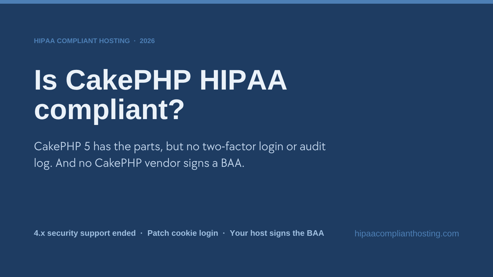 Banner asking whether CakePHP is HIPAA compliant: CakePHP 5 has the parts but no two-factor login or audit log, CakePHP 4.x security support has ended, cookie login needs a patch, and your host signs the BAA