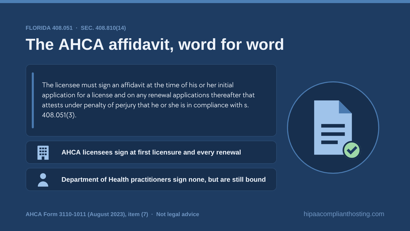 Quote of Florida section 408.810(14): AHCA licensees sign an affidavit under penalty of perjury at first licensure and every renewal, while Department of Health practitioners sign none but are still bound by the rule
