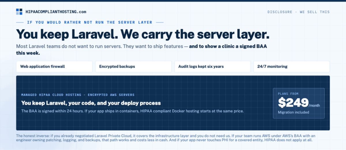 Managed HIPAA cloud hosting for Laravel apps from $249 per month with a BAA signed within 24 hours