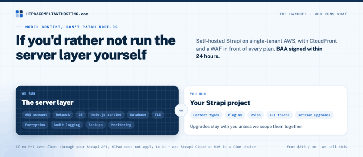 Managed HIPAA compliant Strapi hosting: we run the server layer, and you run your Strapi project