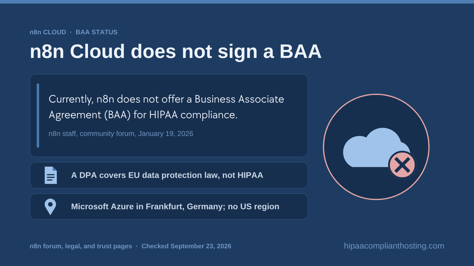 Quote from n8n staff on January 19, 2026 saying n8n does not offer a Business Associate Agreement, noting that a DPA covers EU law, not HIPAA, and that n8n Cloud runs on Azure in Frankfurt, Germany
