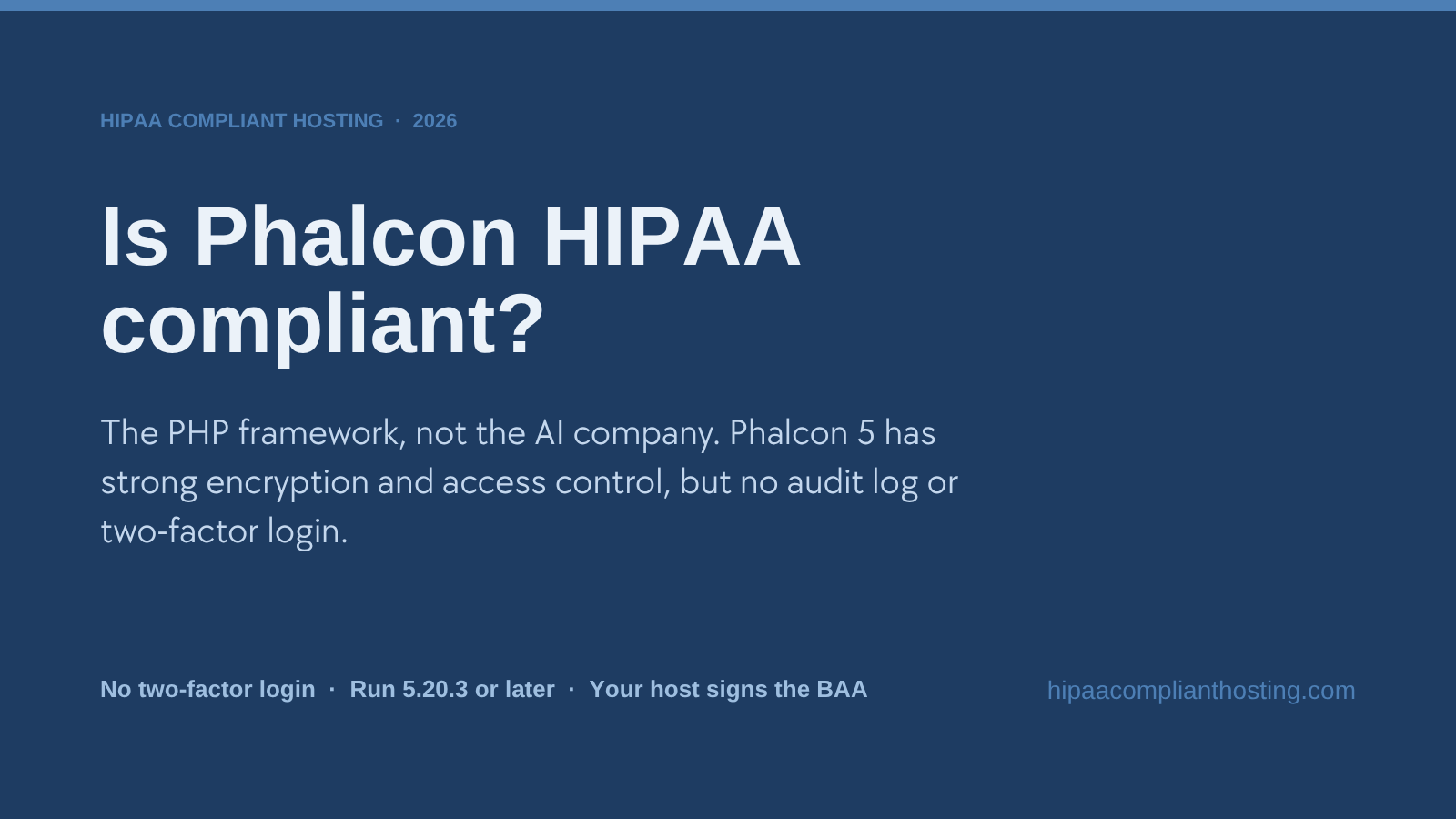 Banner asking whether the Phalcon PHP framework is HIPAA compliant: Phalcon 5 has strong encryption and access control but no audit log or two-factor login, run 5.20.3 or later, and your host signs the BAA