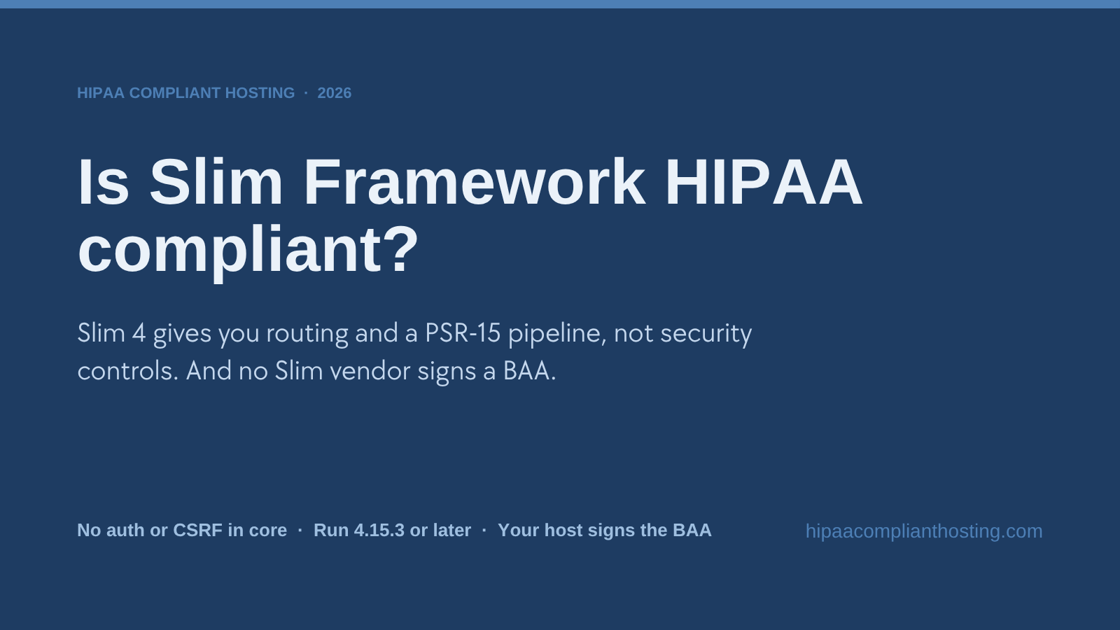 Banner for a guide to HIPAA compliance with Slim Framework: Slim 4 gives you routing and a PSR-15 pipeline, not security controls, no auth or CSRF in core, run 4.15.3 or later, and your host signs the BAA