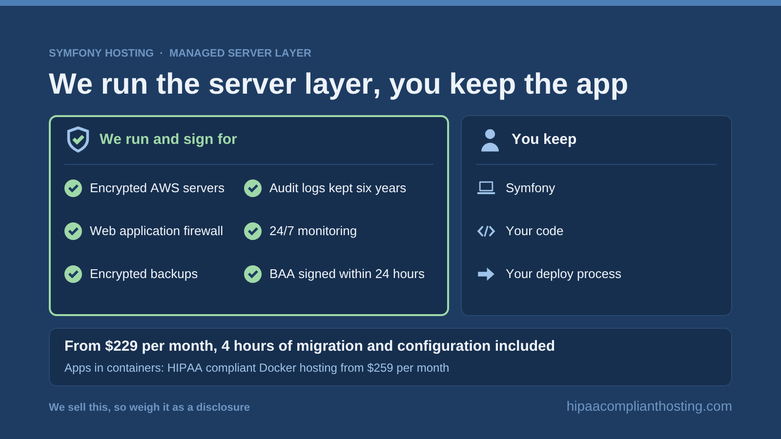 Managed HIPAA cloud hosting for Symfony apps: we run and sign for the server layer, and you keep Symfony, your code, and your deploys
