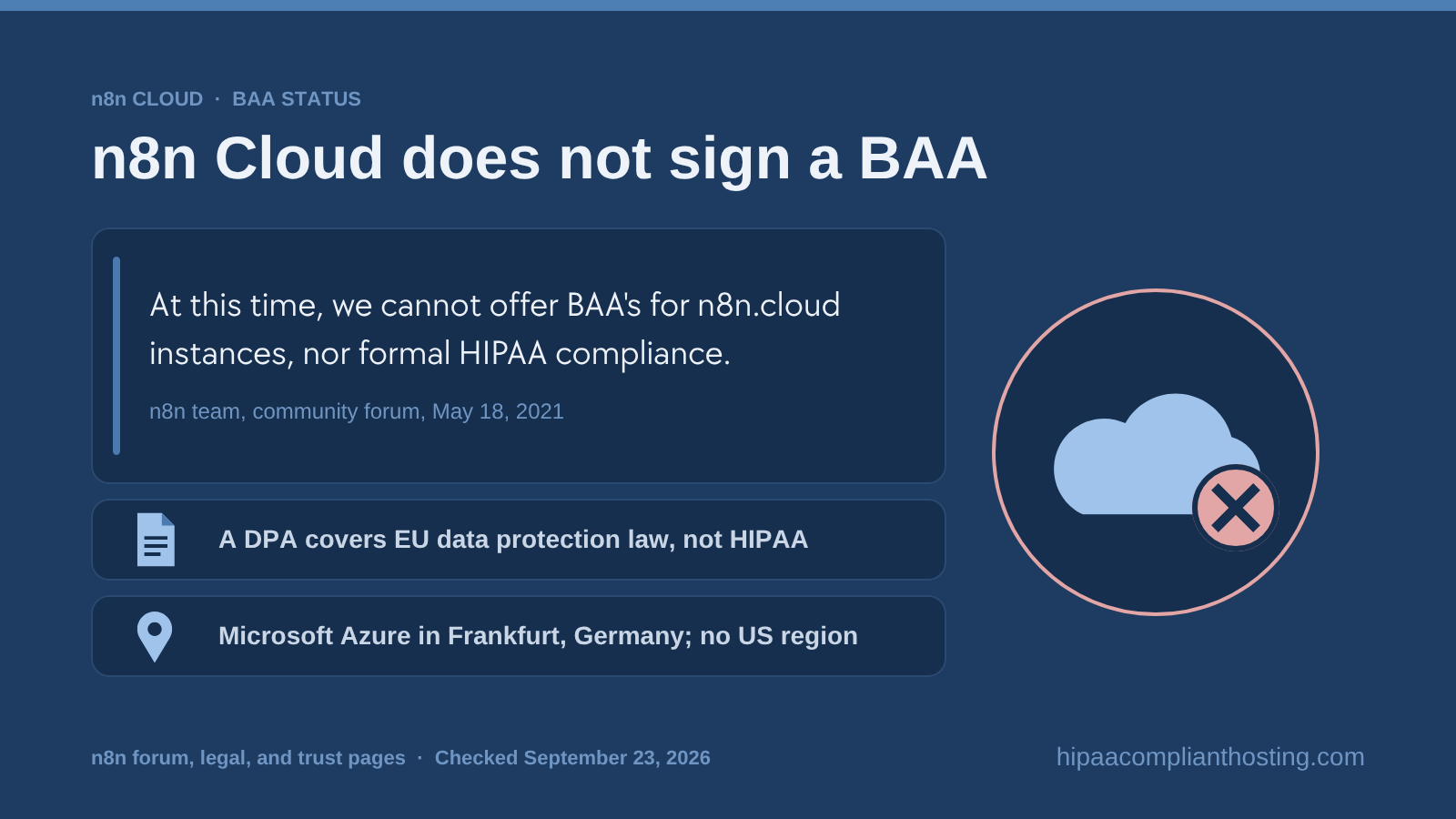 Quote from the n8n team on its community forum, May 18, 2021, saying it cannot offer BAAs for n8n Cloud instances, with notes that a DPA covers EU data protection law and that n8n Cloud runs on Microsoft Azure in Frankfurt